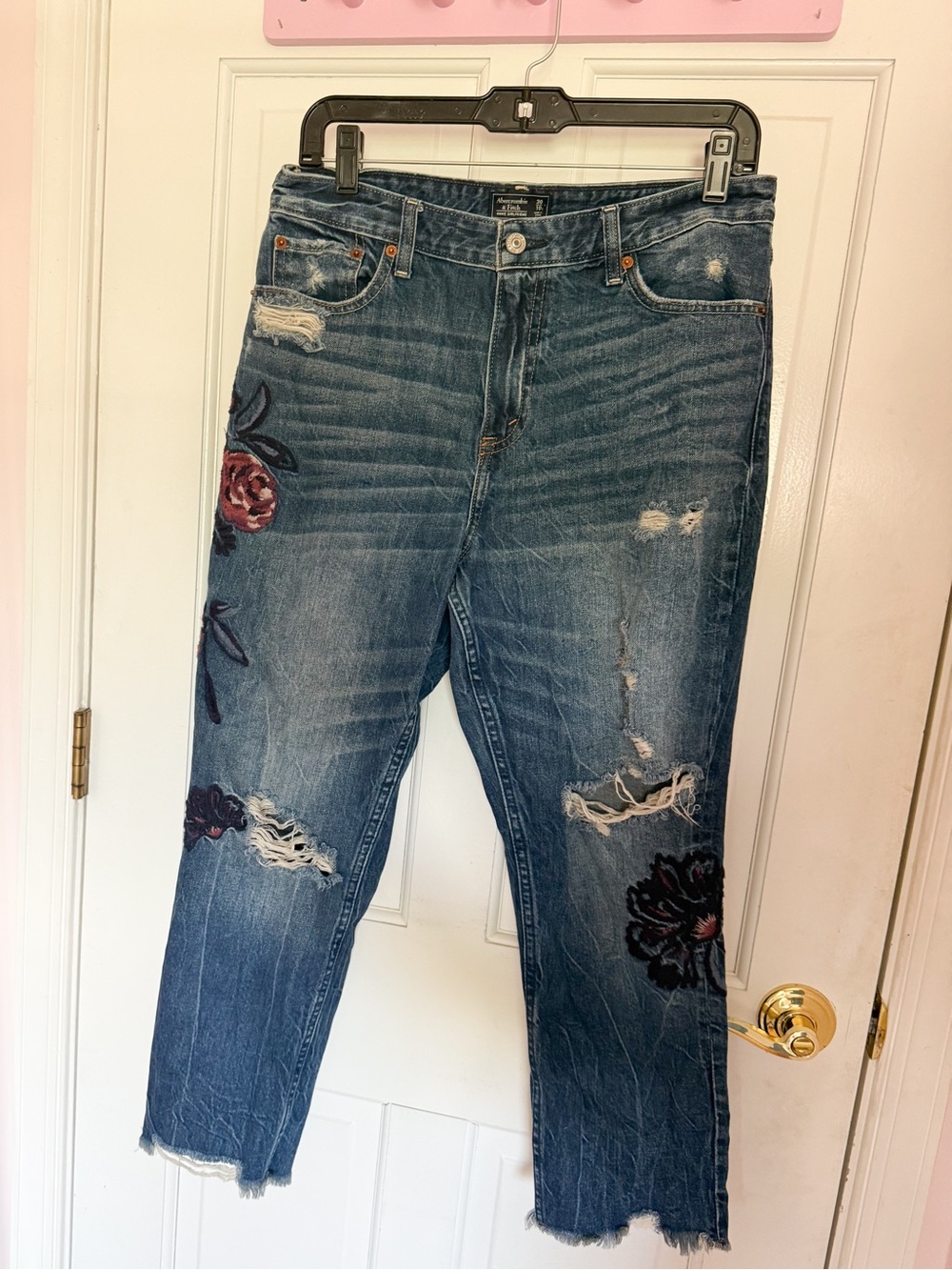 Abercrombie & Fitch Distressed Blue Boyfriend Jeans with Floral Embroidery